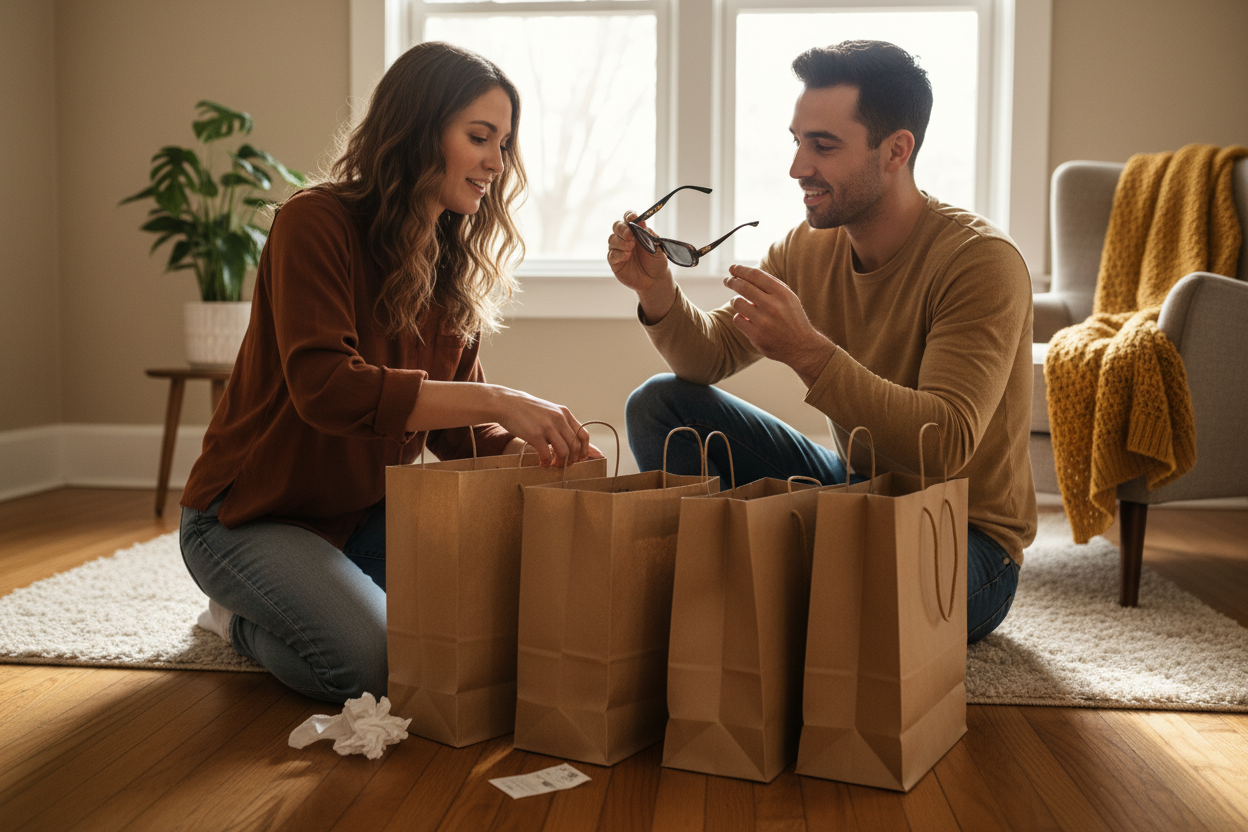 erstelle ein bild von zwei personen welche zuhause auf dem holzboden knien und 4 einkaustüten vorsich haben ich beige. die eine person greift in die tüte die zweite person zeig der kollegin ihre sonnenbrille. die farbtöne sollen warm sein 